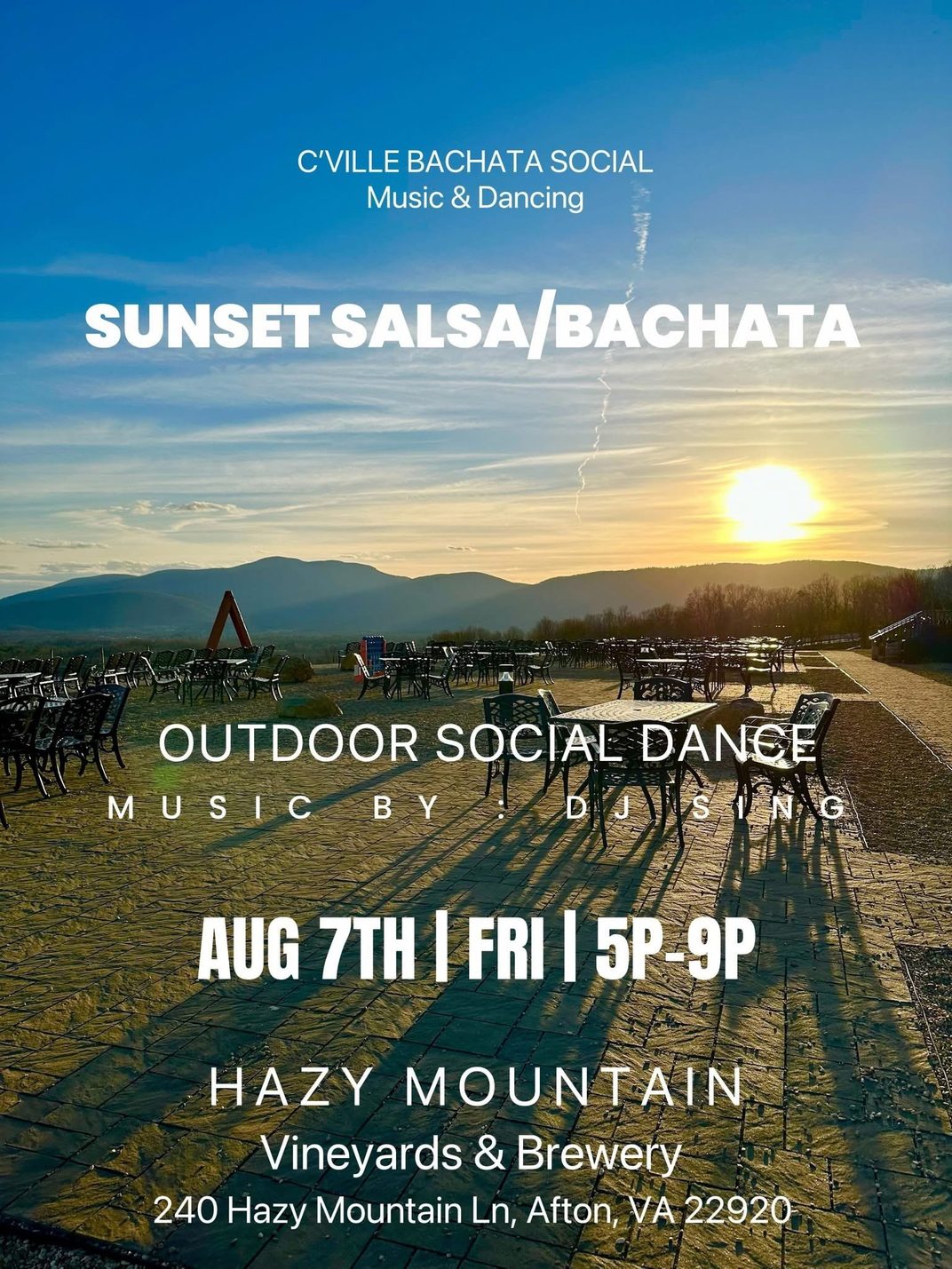 Sunset Salsa and Bachata social dance poster at Hazy Mountain Vineyards