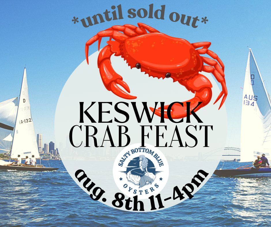 Keswick Crab Feast poster with red crab and sailboats, August 8 from 11 to 4