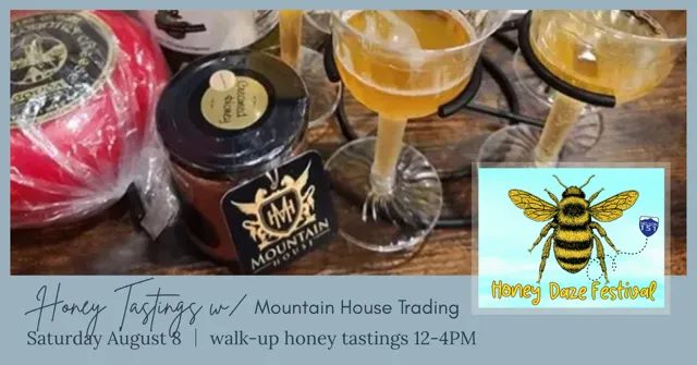 Honey tasting setup with jars and glasses at Afton Mountain Vineyards