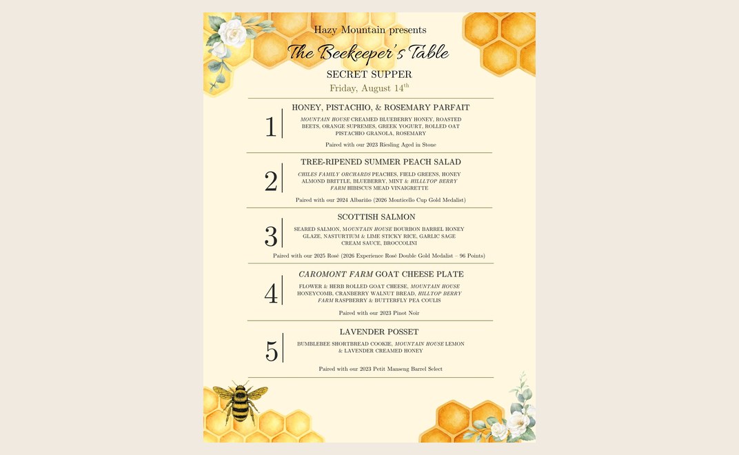 Printed five-course menu for The Beekeepers Table secret supper at Hazy Mountain