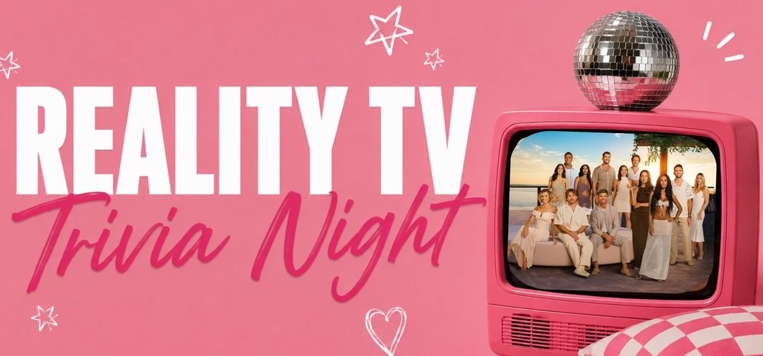 Pink Reality TV Trivia Night graphic with a retro television and a disco ball