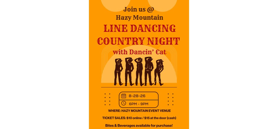 Orange Line Dancing Country Night flyer for Hazy Mountain with a row of dancers in silhouette