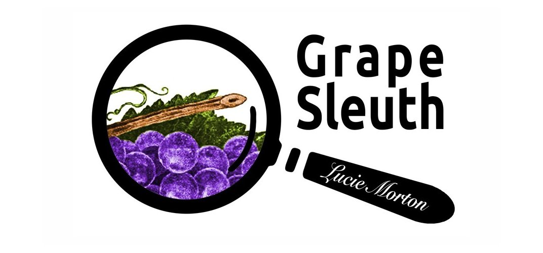 Grape Sleuth logo, a magnifying glass over a cluster of purple grapes, signed Lucie Morton